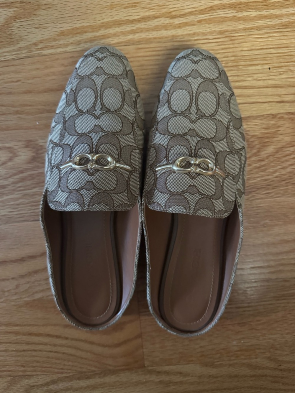 Coach Beige/Tan Signature Jacquard Slip-On Mules with Gold Hardware